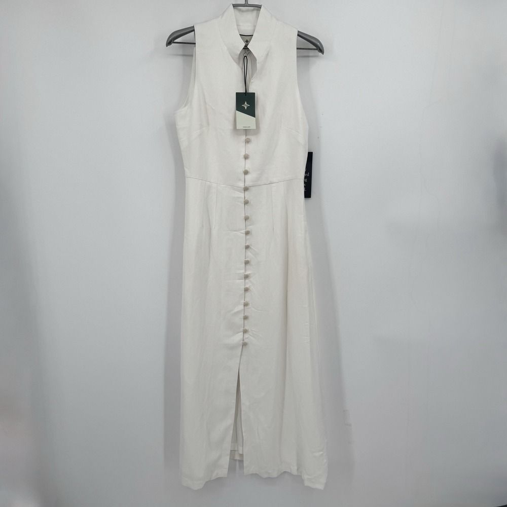 Tuckernuck White Linen Leighton Midi Dress XS Sleeveless Mandarin Collar